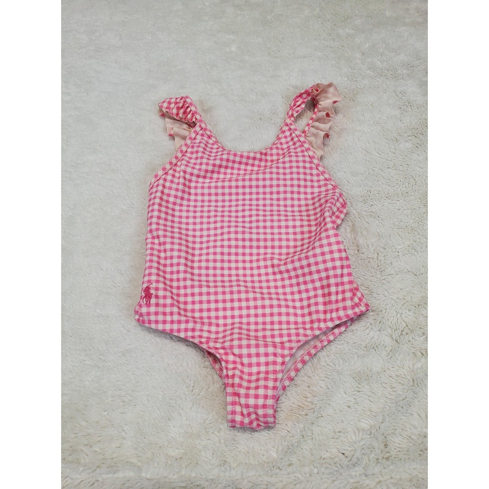 Polo Ralph Lauren Pink White Gingham Ruffle One Piece Swimsuit 2T Kidcore Cute